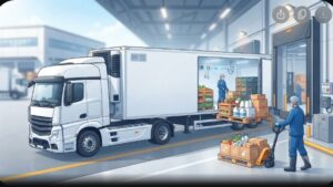 Современная иллюстрация рефрижераторного полуприцепа для перевозки продуктов питания в соответствии с санитарными нормами